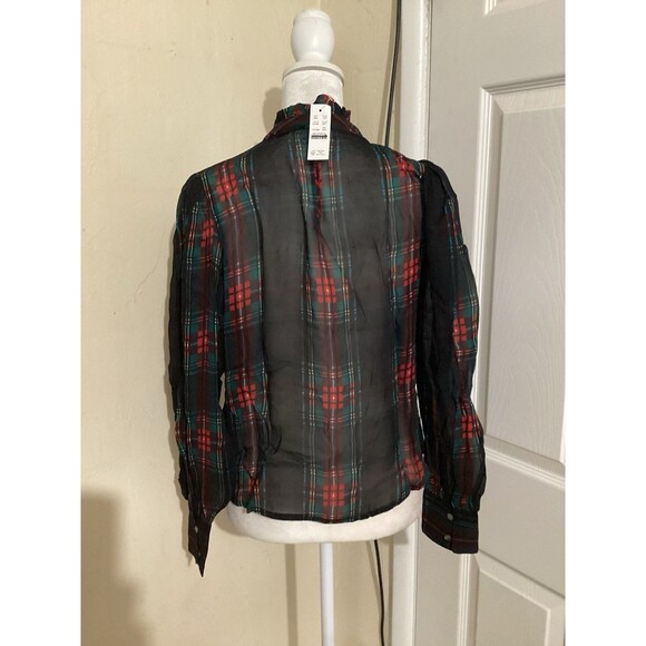 J. Crew Ruffleneck Top in Stuart Tartan Chiffon Blouse XXS Plaid - Picture 4 of 7